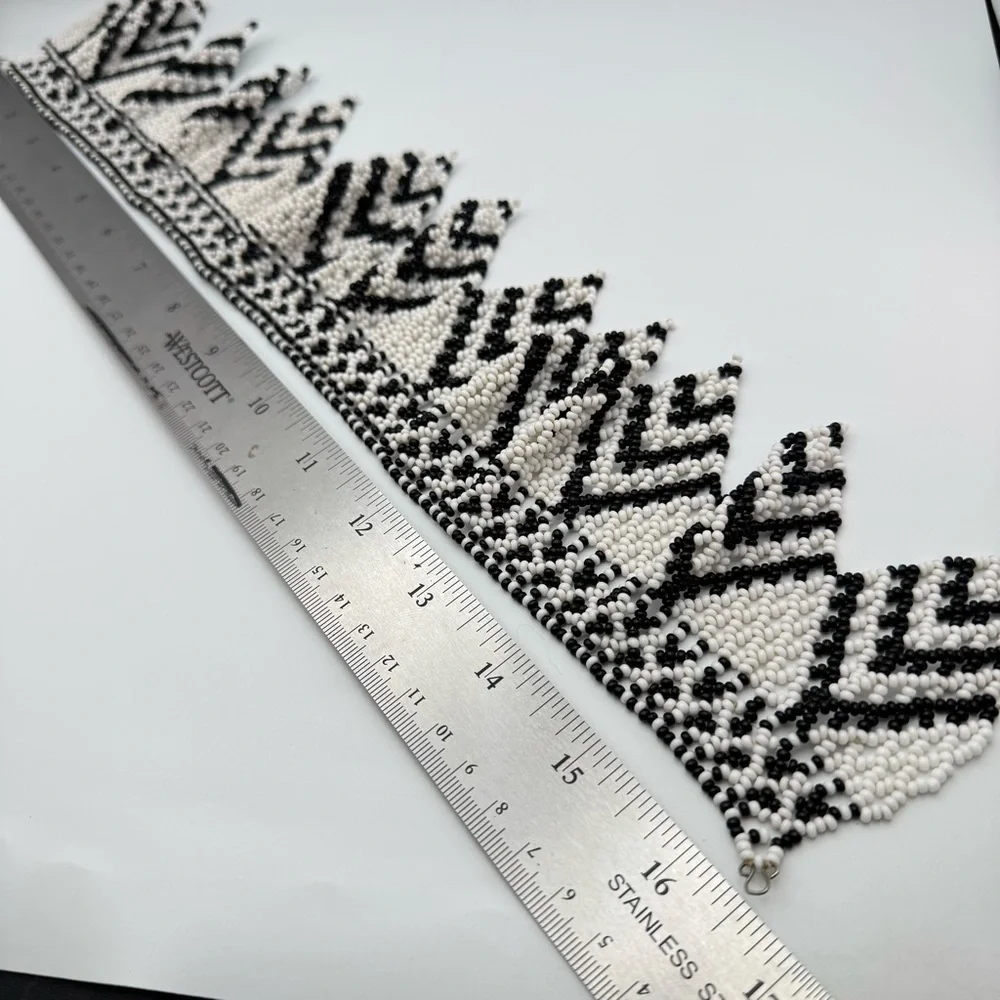 Hand Beaded Black & White Tribal Collar Necklace Statement Bib